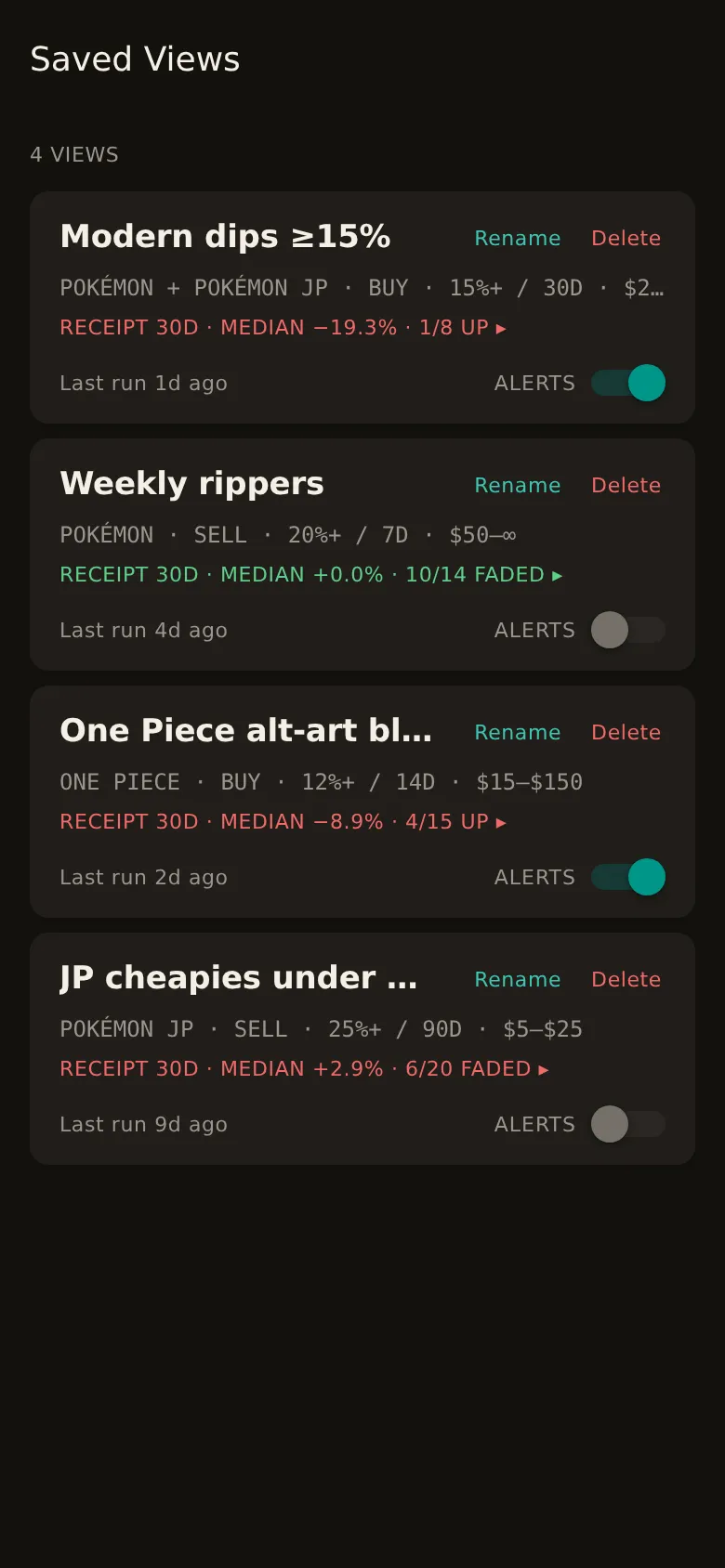 Receipts tab on a saved screen: each pick listed with the price it fired at and its 7, 30, and 90 day return beside it, above a hit-rate summary for the screen.